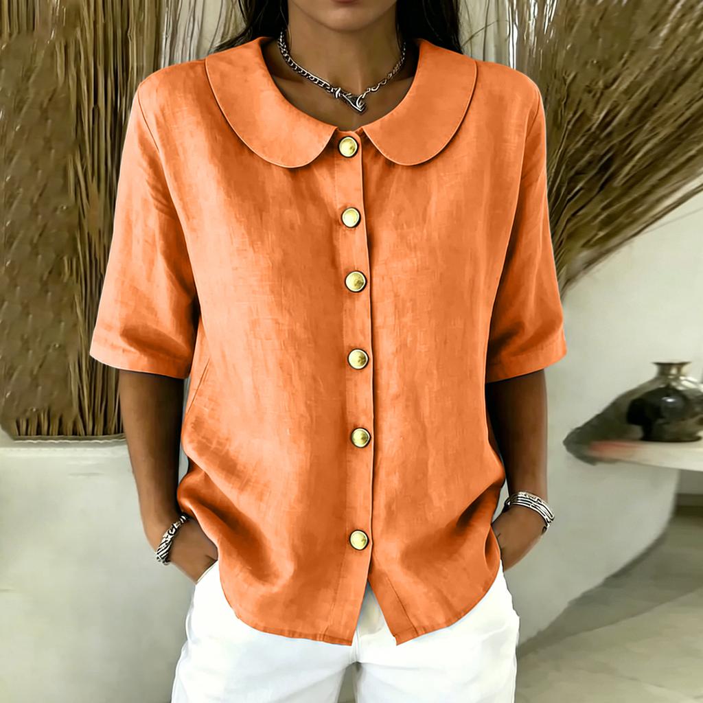 Women Button Front Short Sleeve Shirt Elegant Collar Blouse Casual Loose Fit Summer Top Lightweight Breathable Fabric