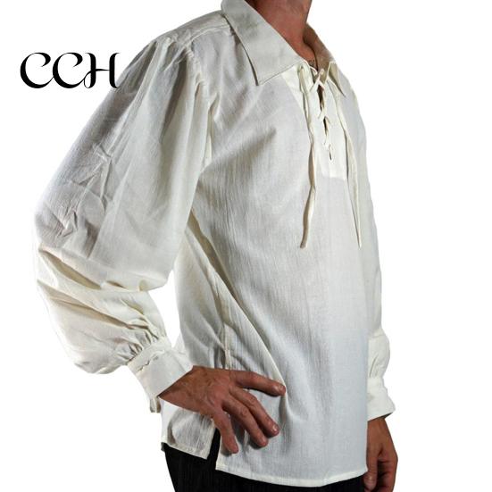 Loose Fit Pullover Shirt Adult Men Medieval Renaissance Cosplay Lapel Long Sleeve Lace-up Tops Solid Color