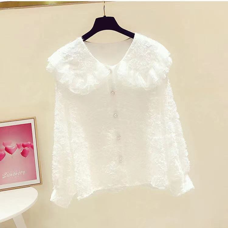 

Элегантная пушистая рубашка с кружевной отделкой и большим воротником для женщин на осень и зиму M