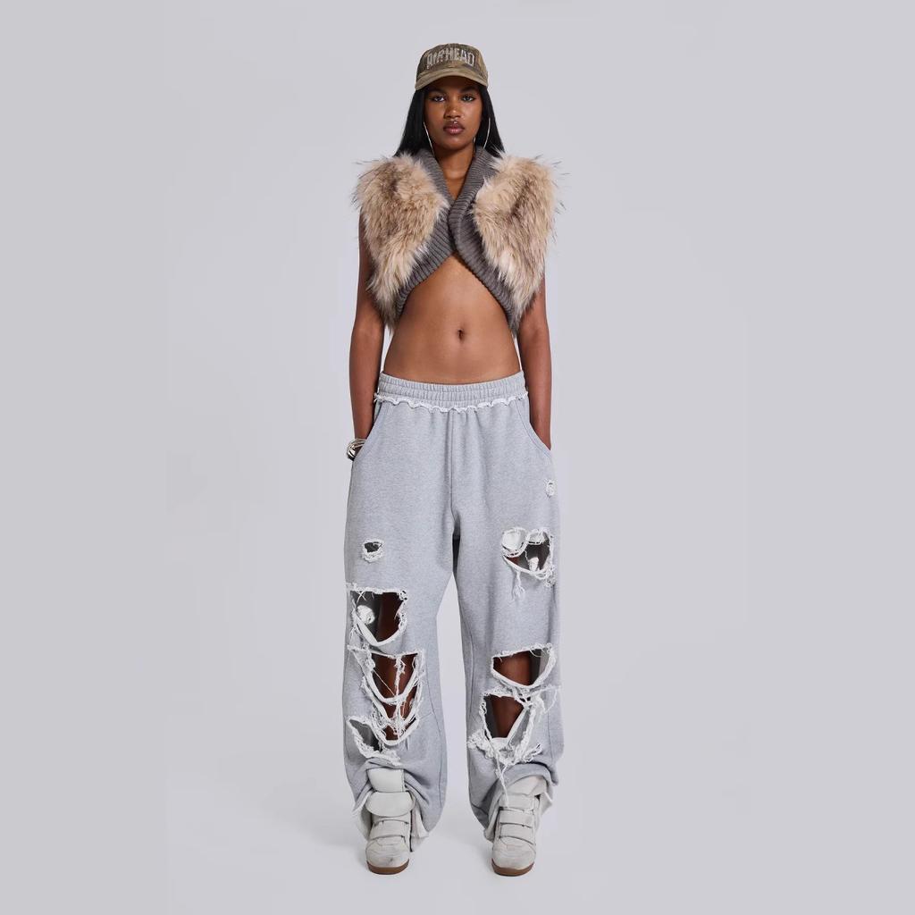 Calças de Jogging Largas Cinza Desgastado Mulher Estilo Hip Hop Grunge Pernas Largas Furos Calças de Moletom Oversized Streetwear Gyaru