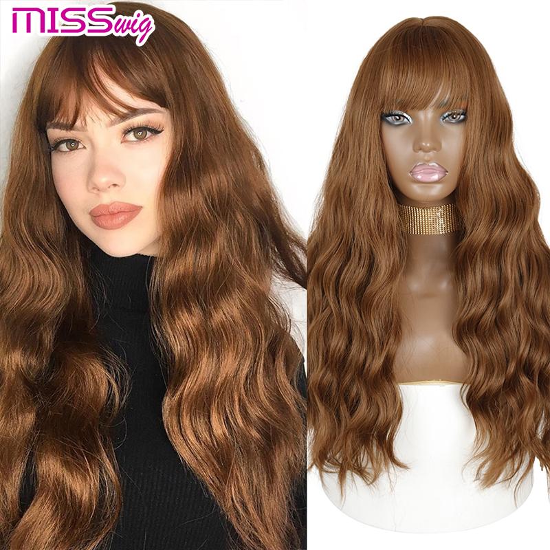 

MISS WIG Длинный водяной волна Синтетические парики с челкой Натуральный волнистый темно-коричневый парик для женщин Косплей Парики Термостойкие волоконные парики