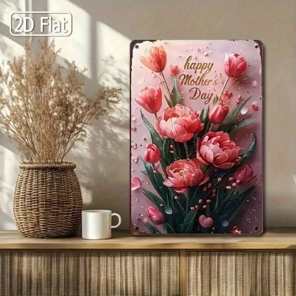 Pink Tulip Floral Tin Sign Rustic Farmhouse Wall Decor Mother's Day Gift 8x12in