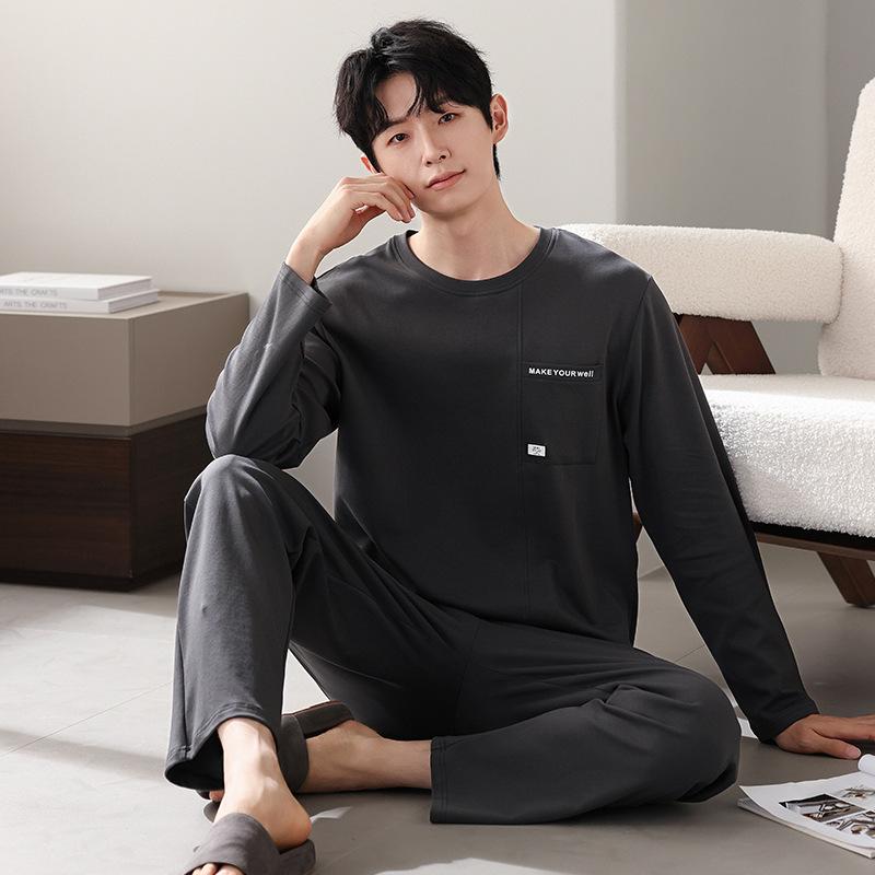 Men'S Pajamas Men'S Spring And Autumn Pure Cotton Long-Sleeved Men'S Autumn Cotton Casual Loungewear Set