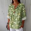 Women's Fashionable Casual V-neck Button Seven Quarter Sleeve Printed Cotton And Linen Top