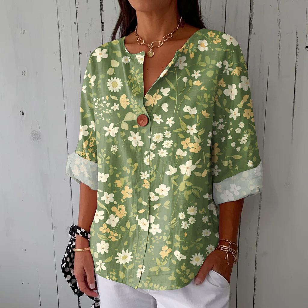 Women's Fashionable Casual V-neck Button Seven Quarter Sleeve Printed Cotton And Linen Top