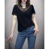 Women Summer V-Neck Short Sleeve Mesh Patchwork T-shirt Female Casual Black Tops