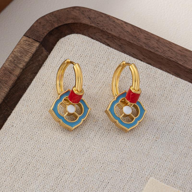 Retro color enamel new Chinese earrings drip glaze circle ethnic style niche light luxury high-end ear jewelry