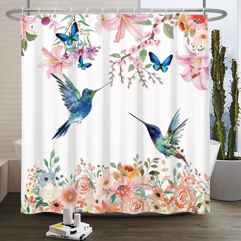 Vintage Bird Flower Shower Curtain with Hooks Artistic Peacock Floral Design Chinese Style Waterproof Polyester Bathroom Curtain