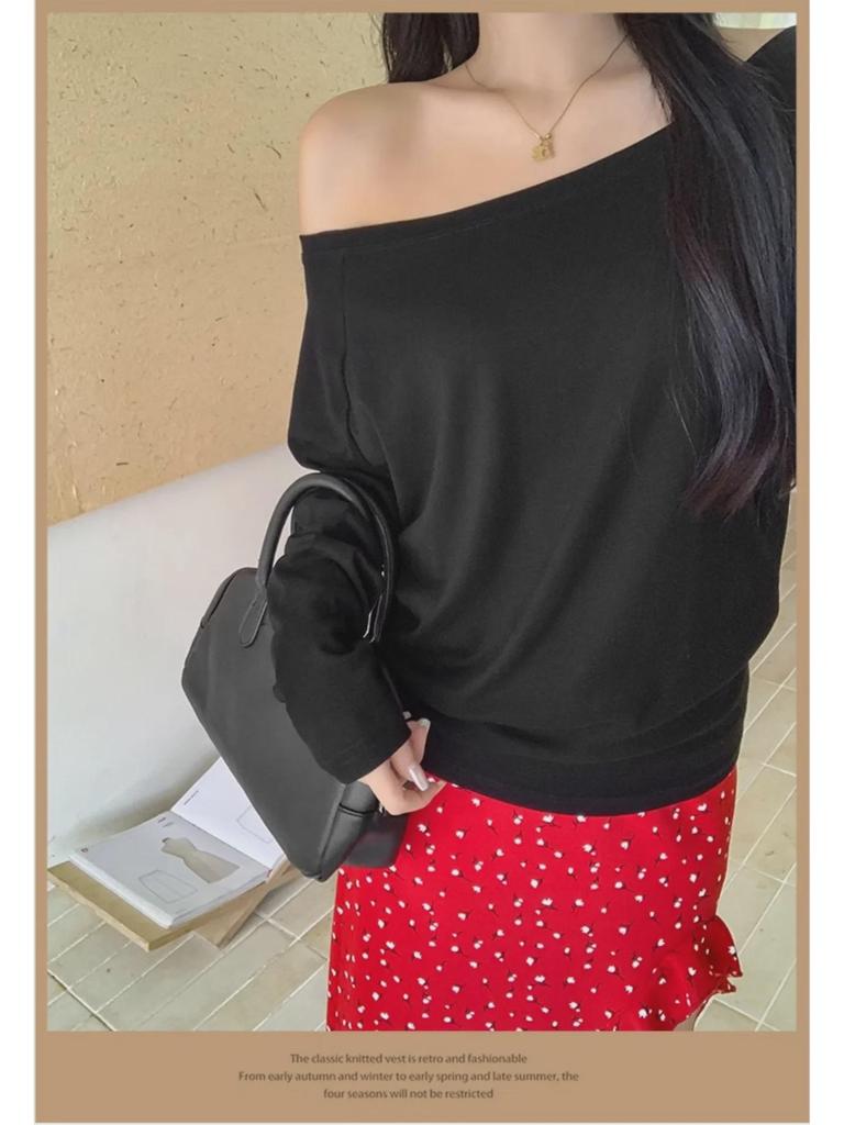 Dark Blue Off-the-Shoulder Long-Sleeve Women's Slimming Autumn Top