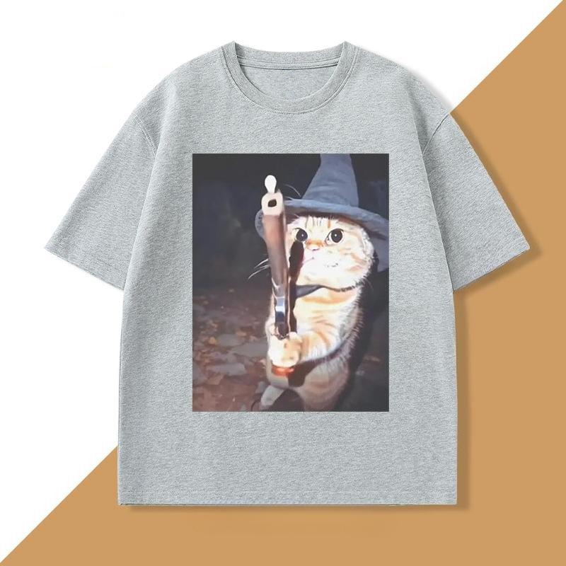 Funny Cat With Gun TShirt Magic Cat T Shirt Vintage Harajuku Short Sleeve Tee Casual ONeck Tee Shirts Streetwear Top