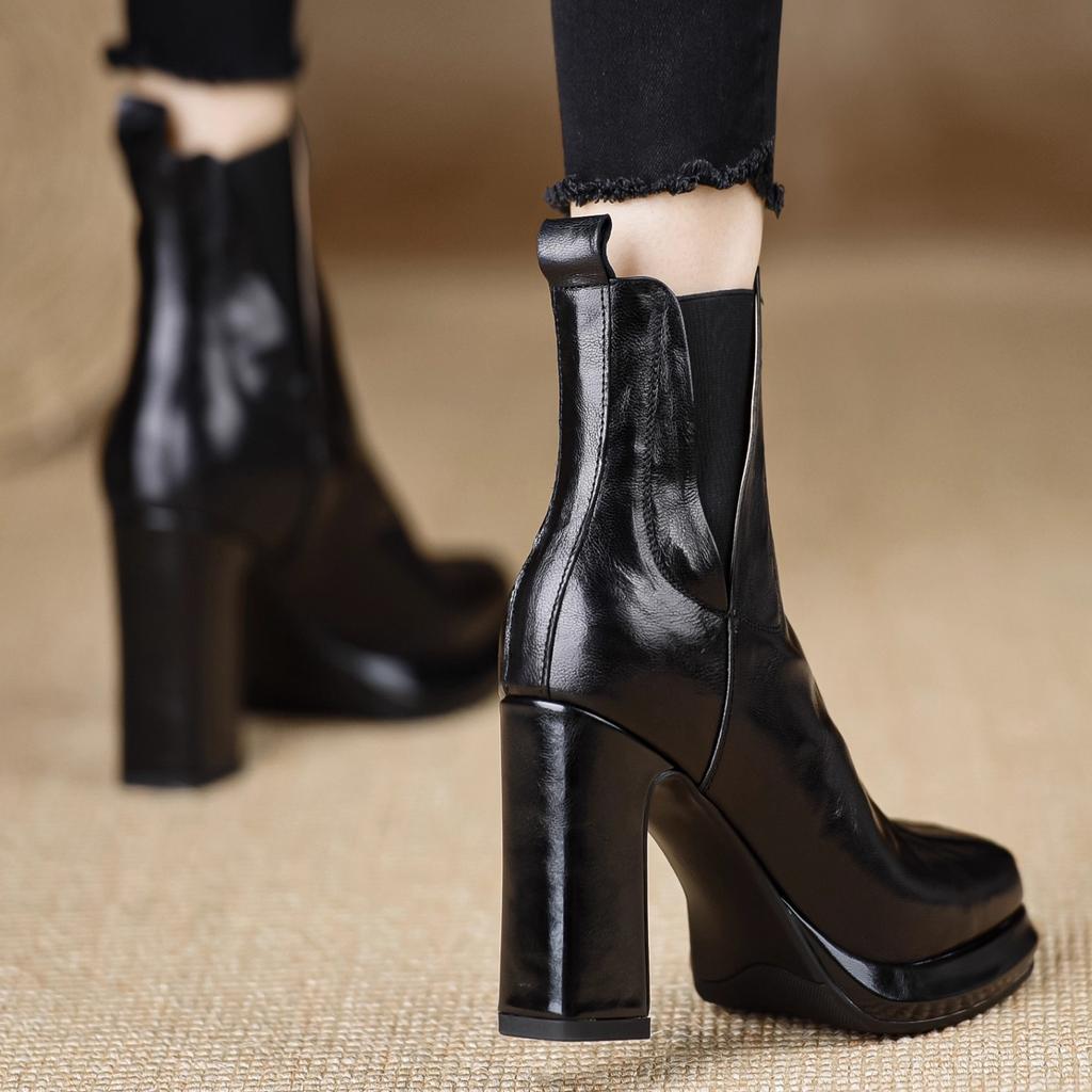 Waterproof Taiwan High Heel Fashion Boots Women's 2025 Autumn New Coarse Heel Elastic Chelsea Boots Short Boots Brown Women's Boots