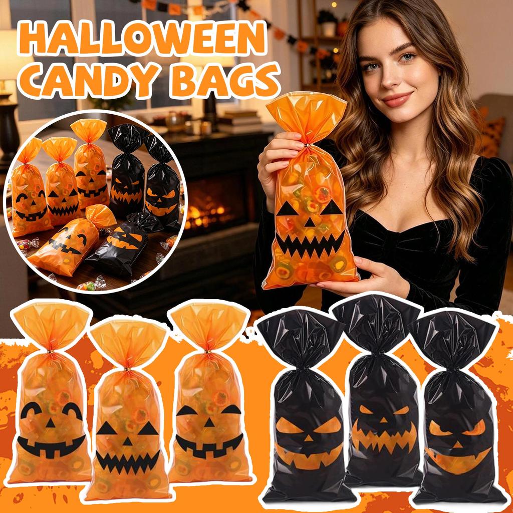 50pcs Halloween Candy Bags Reusable Gift Treat Bags with Pumpkin Print for Party Favor Trick or Treat Supplies Packaging