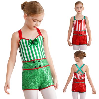 Disfraz de leotardo de baile con bastón de caramelo de Navidad para niñas, mono puesta en escena, vestido de lentejuelas