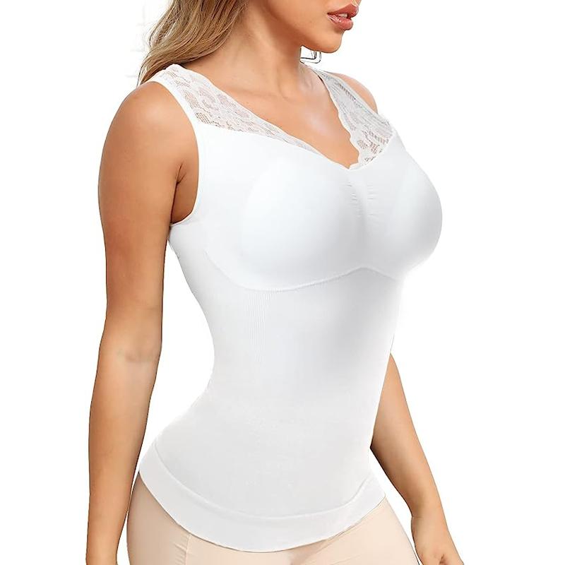 

Plus Size Women Cami With Built In Bra Shapewear Tank Top Tummy Control Camisole Lace Up Slimming Compression Undershirt Shaper L