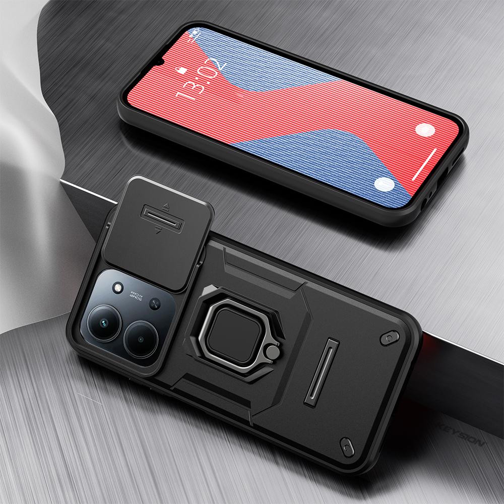 KEYSION Shockproof Armor Case for Redmi 15C 171mm 173mm Slide Camera Lens Protection Metal Ring Stand Phone Back Cover for POCO C85