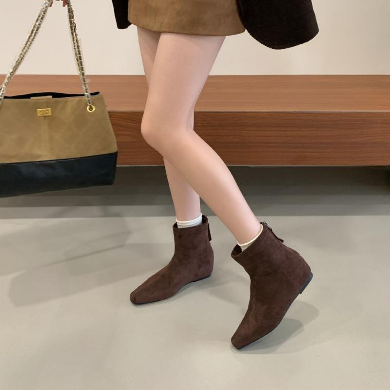 

2025 new autumn suede round head inner sloping heel thin Martin women s short boots rear zipper women s boots 39 хаки