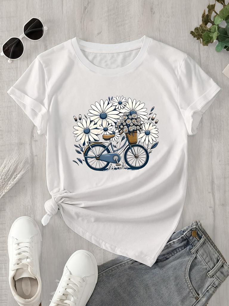 Breathable Spring Summer Machine Washable Regular Natureinspired Design Women's Casual Short Sleeve T-Shirt Bicycle Print