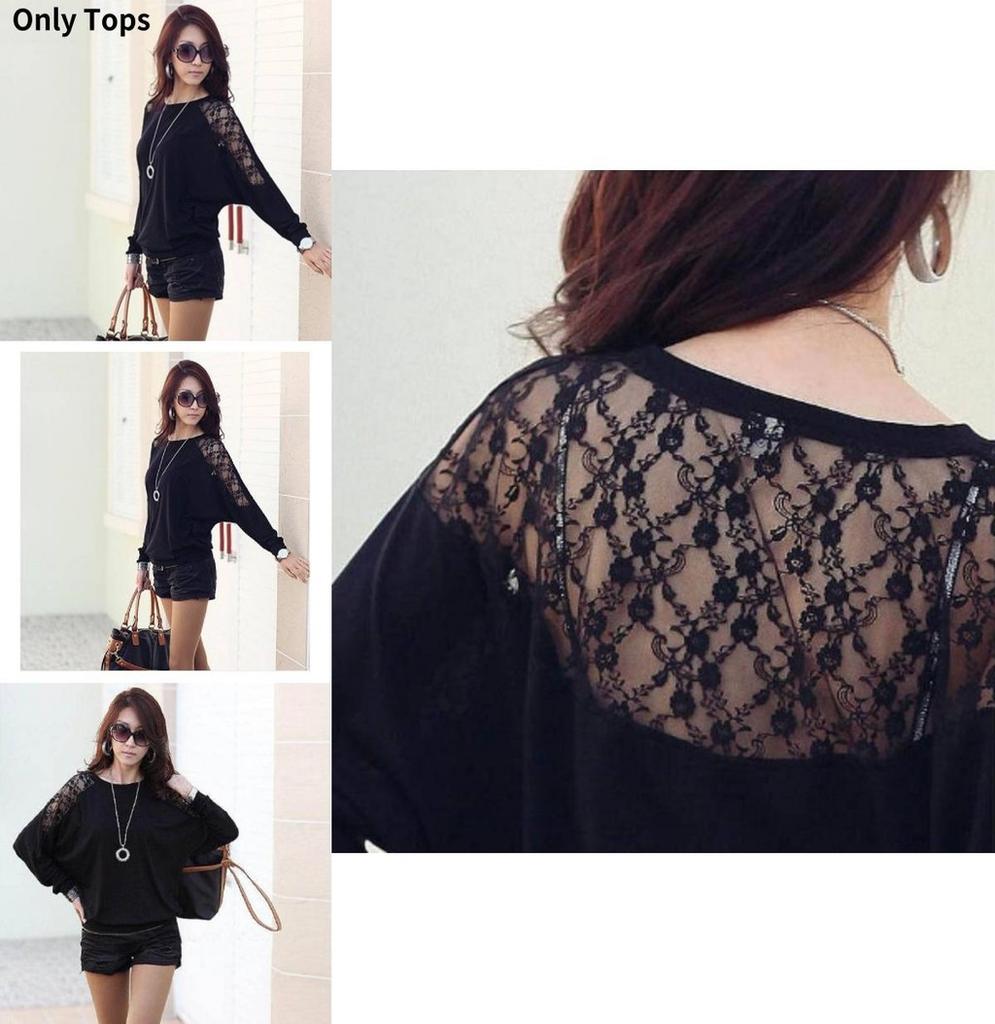 Stylish Black And White Lace Batwing Sleeve T-shirt For Plus Size Women In Trendy Commute Style