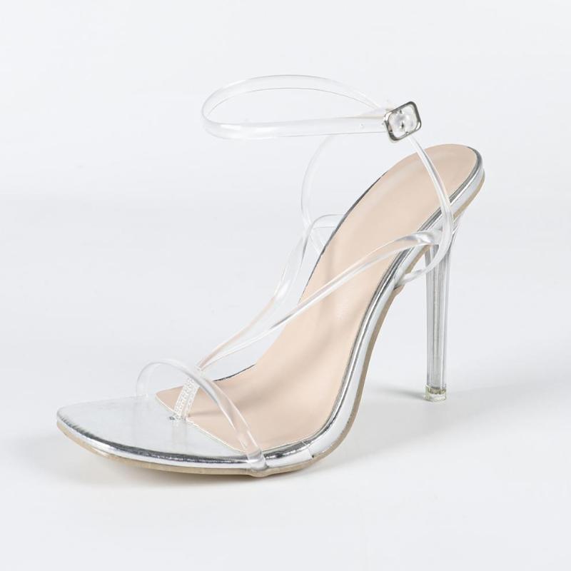 

Fashion Sexy Transparent PVC Narrow Band High Heel Sandals Women Fashion Ankle Buckle Thin Heel Designer Shoes Elegant Party Dress Shoes 42 серебряный