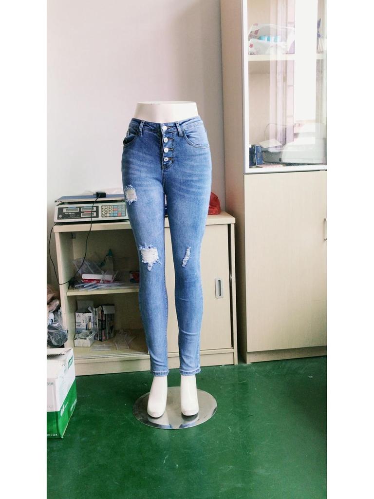 Women's Light Wash Stretch Ripped Mid-High Waist Jeans with 4-Button Design