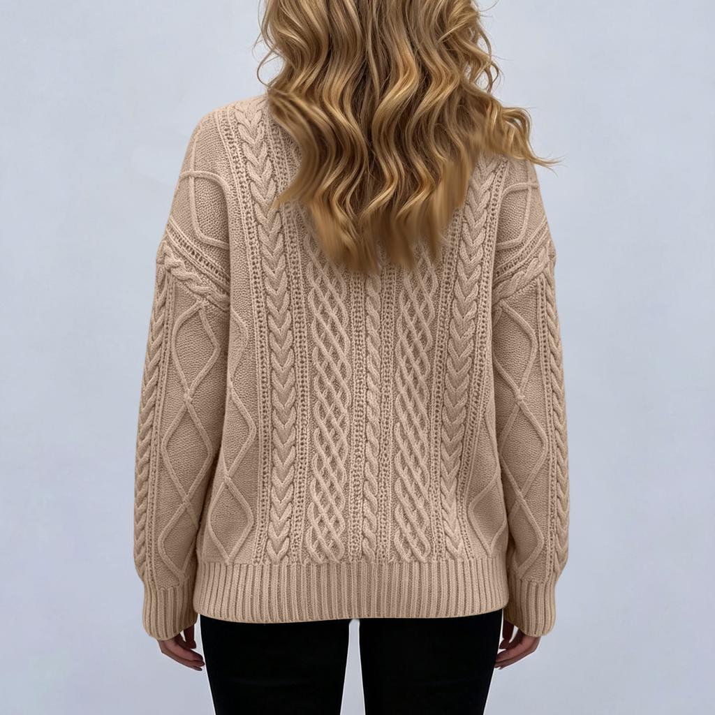 Women's Cable Knit Pullover V-Neck Long Sleeve Loose Fit Color Sweater for Fall Winter