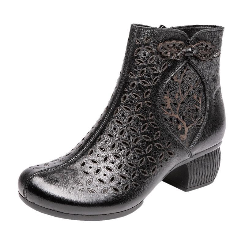 New hollow leather cool boots women's thick high heel retro short boots breathable hole soft sole mother high top sandals