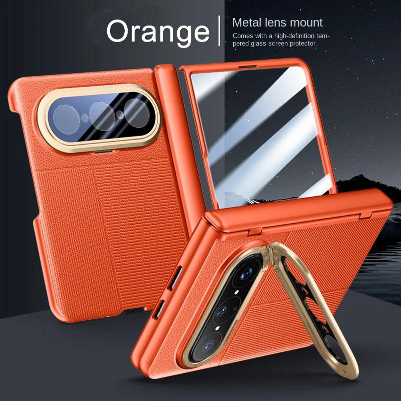 Leather Spring Hinged Lens Camera Holder Stand Case For Huawei Pura X Max With Screen Tempered Glass Protector Cover