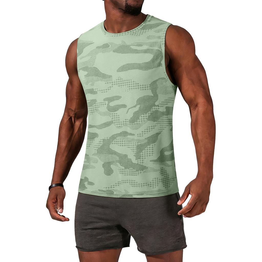 Men Sleeveless Athletic Tank Top Crew Neck Camo Print Lightweight Breathable Quick Dry Sports Shirt for Training Running Gym