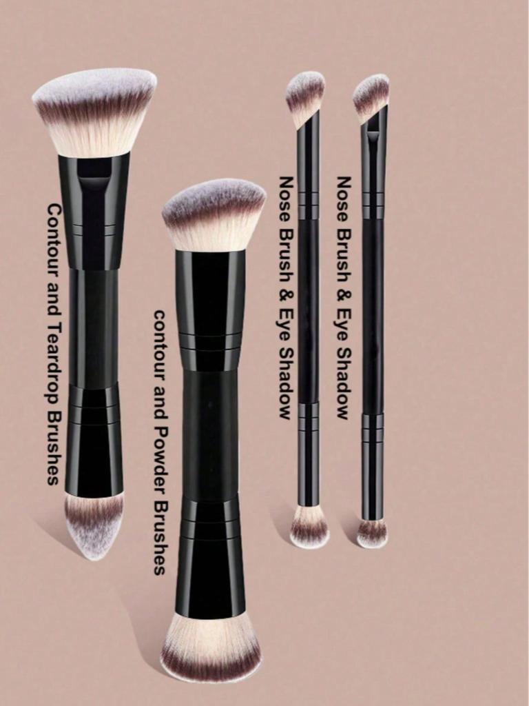 4pcs Professional Dual-Ended Makeup Brush Set - Includes Foundation Brush, Contour Brush, Blush Brush, Powder Brush, Eyeshadow Brush, Concealer Brush