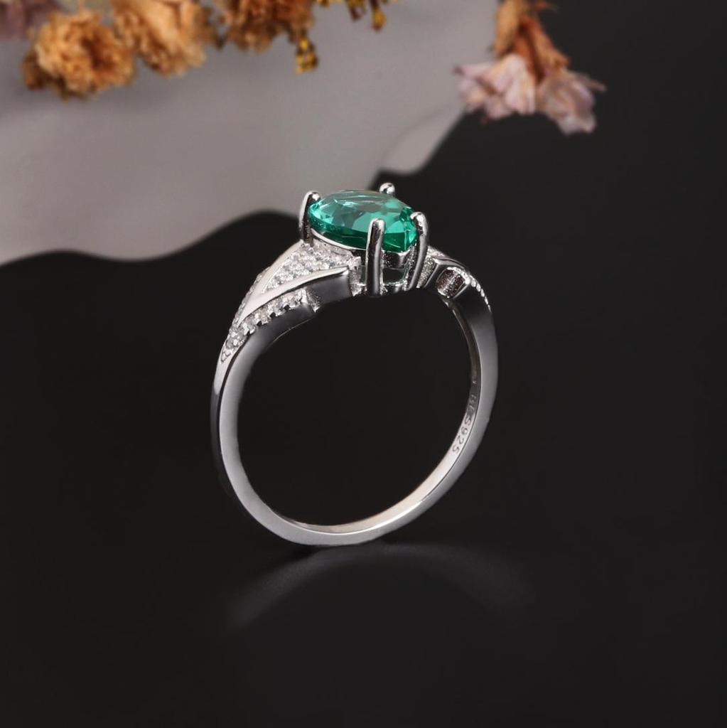 925 Sterling Silver Women Ring Created Pear 7*10mm Emerald Nano Rhodium Plating Jewelry for Women Anniversary Party Gifts
