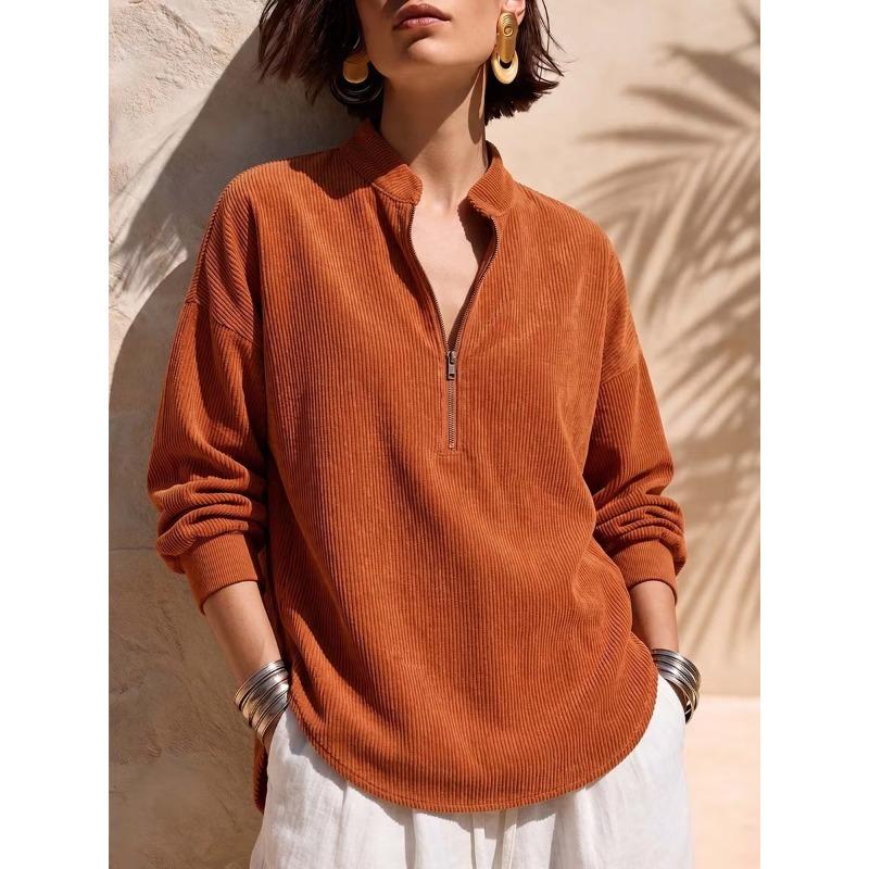 Women S Solid Stand Collar Long Sleeve Loose Corduroy Top