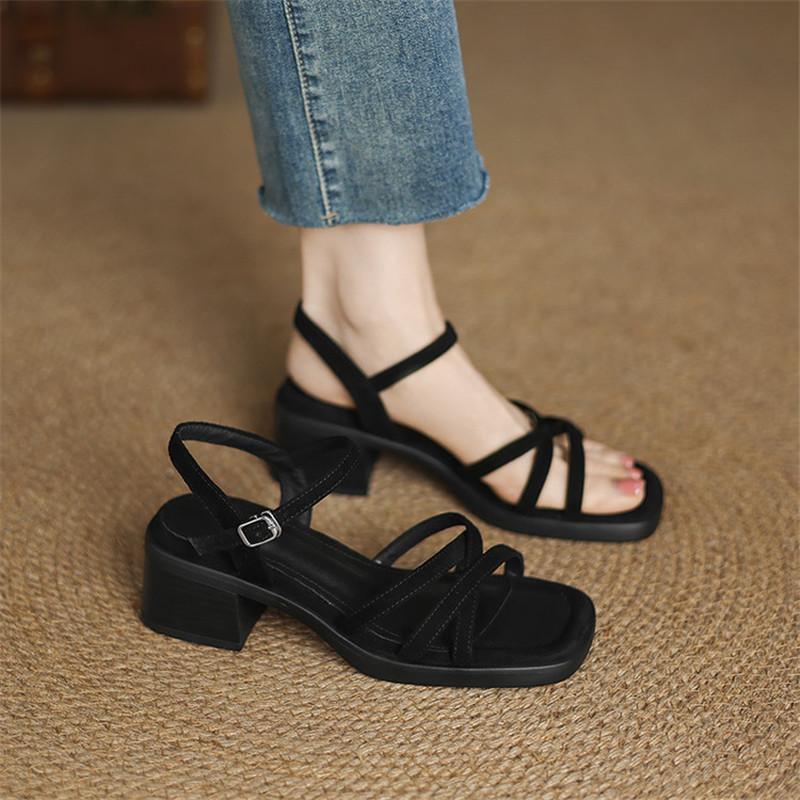 Fashion New Summer Sandals Split Leather Sandals for Women Fashion Square Toe High Heels Sandals Ladies Shoes Women Gladiator Shoes