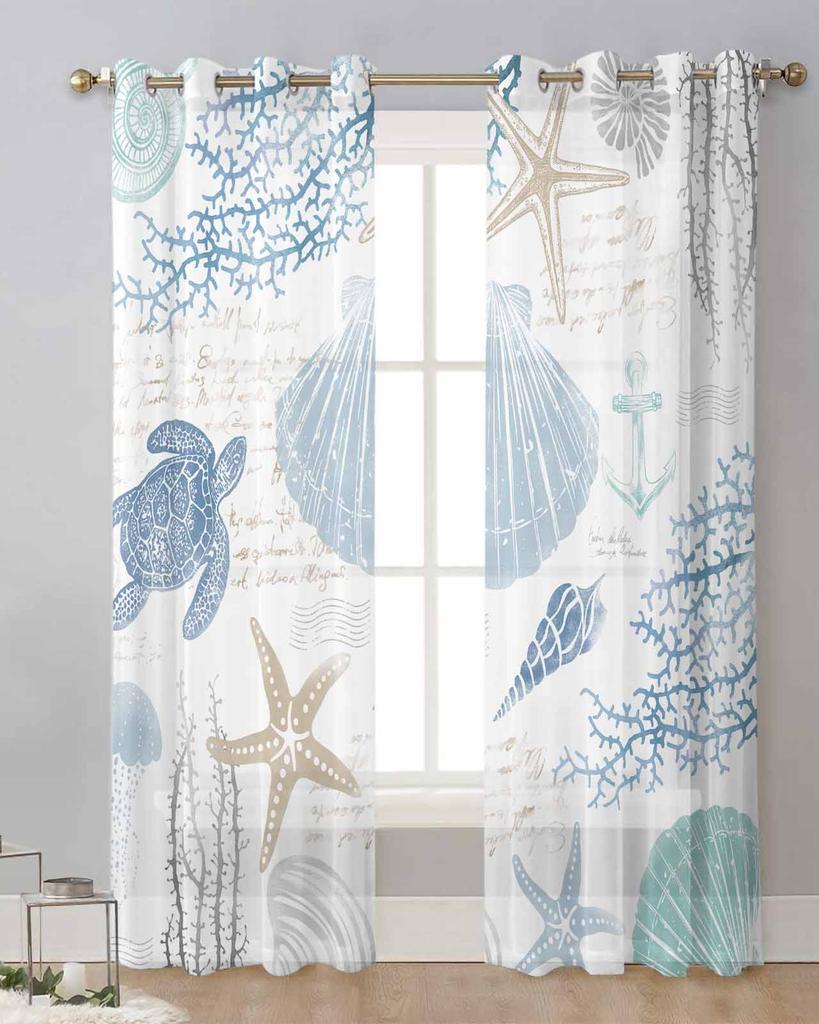 Marine Coral Shells Starfish Sea Turtles Jellyfish Blue Sheer Curtains Living Room Window Curtains Kitchen Tulle Voile Curtains