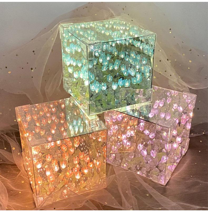 20pcs Flower DIY Tulip Mirrror Pink/Blue/Purple String Light Square Shape 3D Night Light Creative Birthday Handmade Lamp