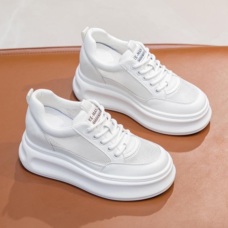 Fashion 2025 Summer Genuine Leather Platform Wedge Shoes 8cm Air Mesh Chunky Sneakers Breathable New Fashion Women Spring Autumn Pumps