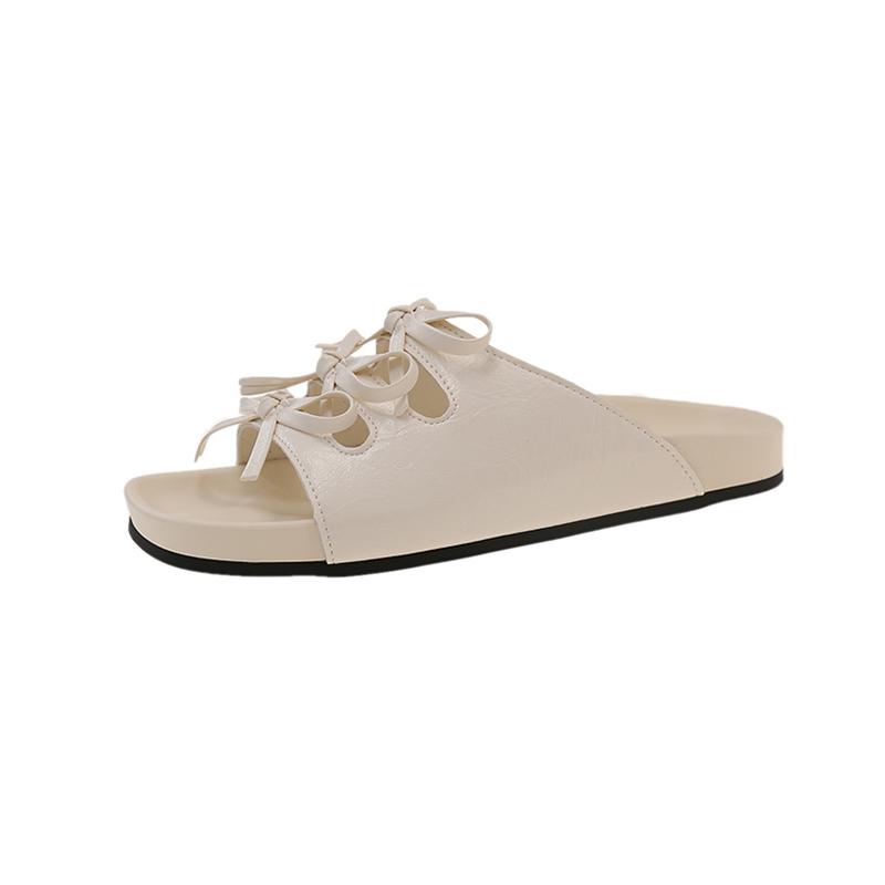Fashion Design Sense Cutout Bow Flip Slippers Women's New Retro Square Toe Open Toe Casual Soft Sole Non-slip Sandal Shoes