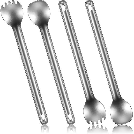 Minatee 4 Pieces Titanium Long Handle Spork and Spoon 8.4 Inch Ultralight Portable Flatware Lightweight Soup Spoon Camping Spork Utensil for Outdoor