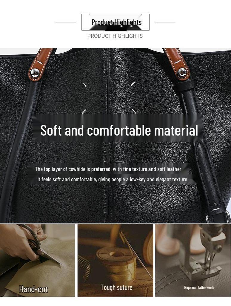 2025 Women's MM6 Equestrian Tote: Large-Capacity Cowhide Handbag, Stylish Commuter Bucket Bag