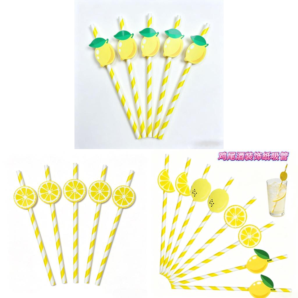 Degradable Paper Straws For Parties With Lemon Pattern For Cake Drinks And Cocktails