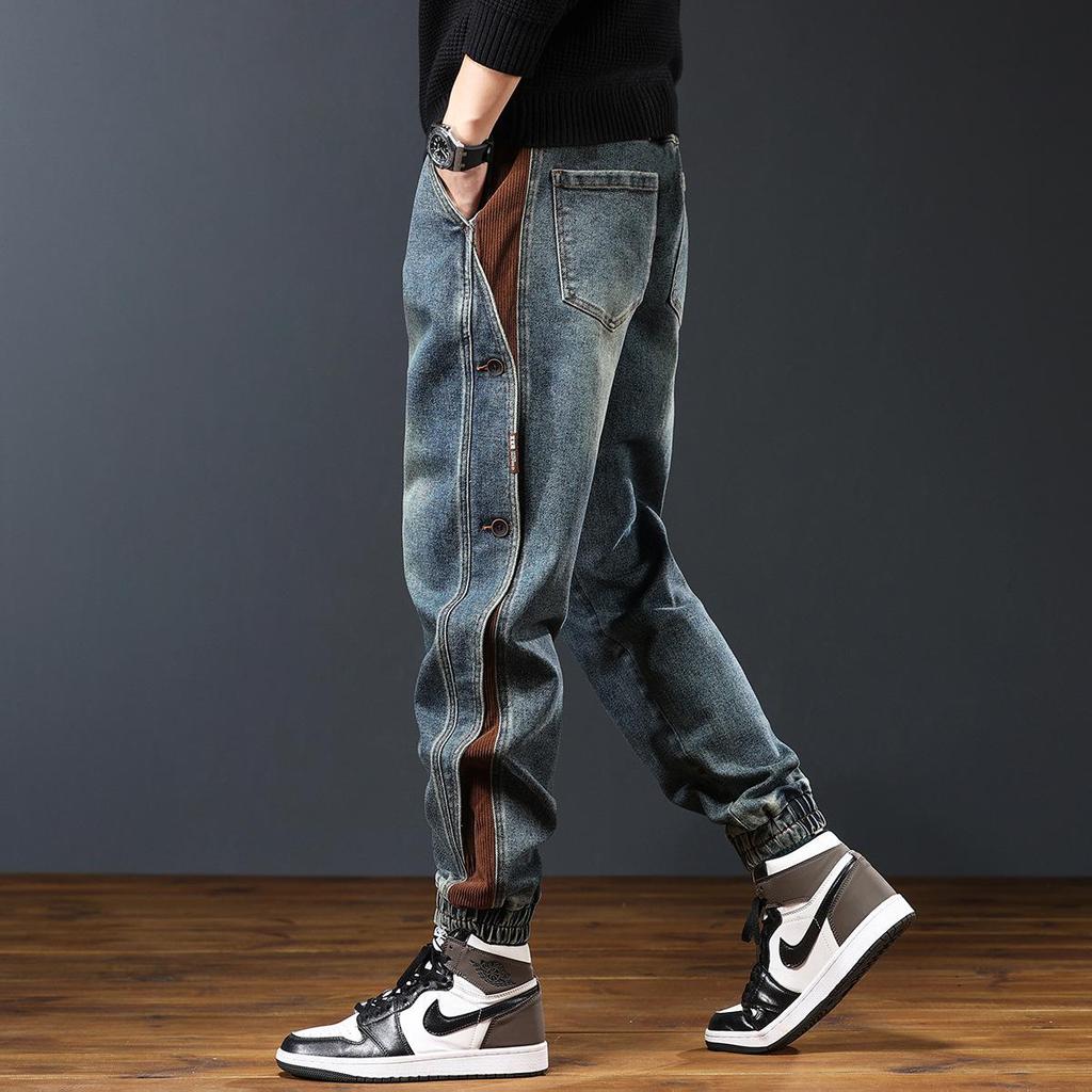 Męskie Grube Jeansy Robocze Patchworkowe - Luźne, Zakończone Ściągaczem, Modna Marka Streetwear, Spodnie Haremki