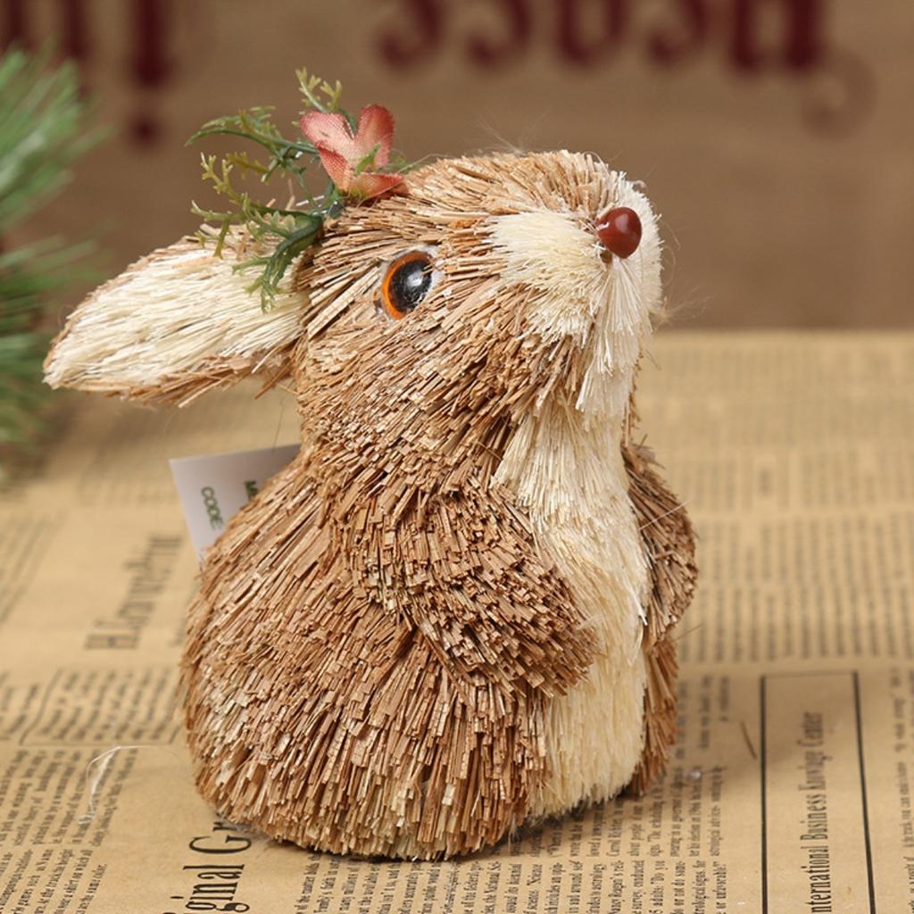 Animal Ornament Bunny Figurines Christmas Holiday Tree Creature Ornament Handmade Woodland Straw Decorative Set Natural Wooden for Home Decor