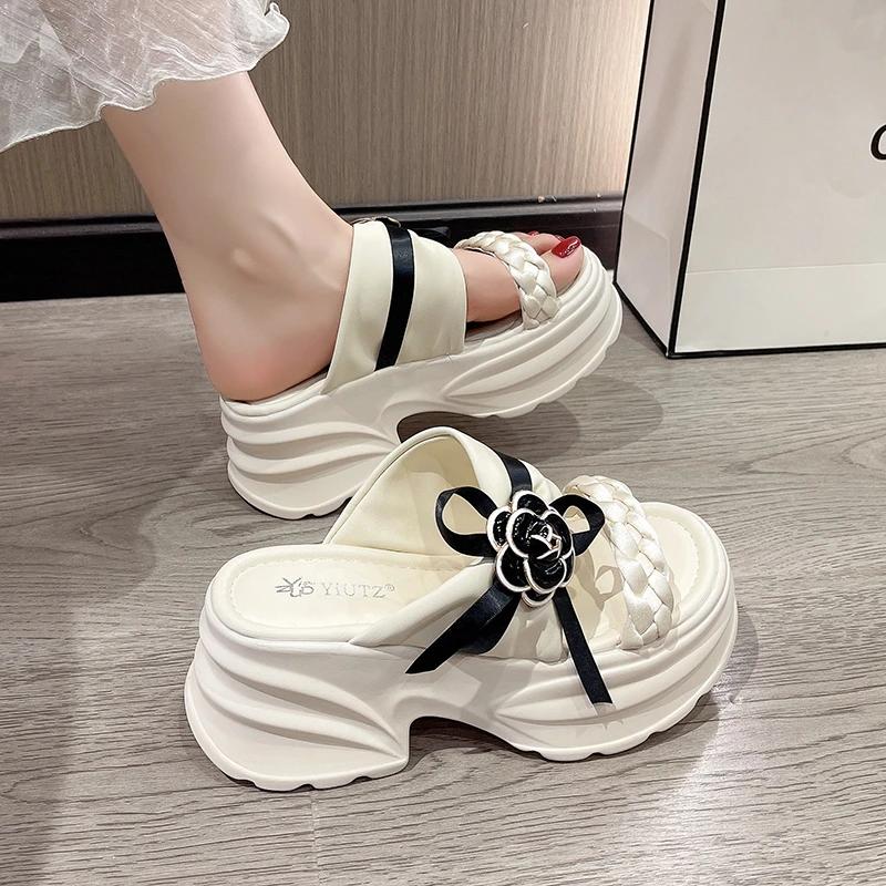 9CM Heels Chunky Slippers For Women Open Toe High Platform Weaving Flower Sandals Woman New Summer Thick Bottom Beach Flip Flops