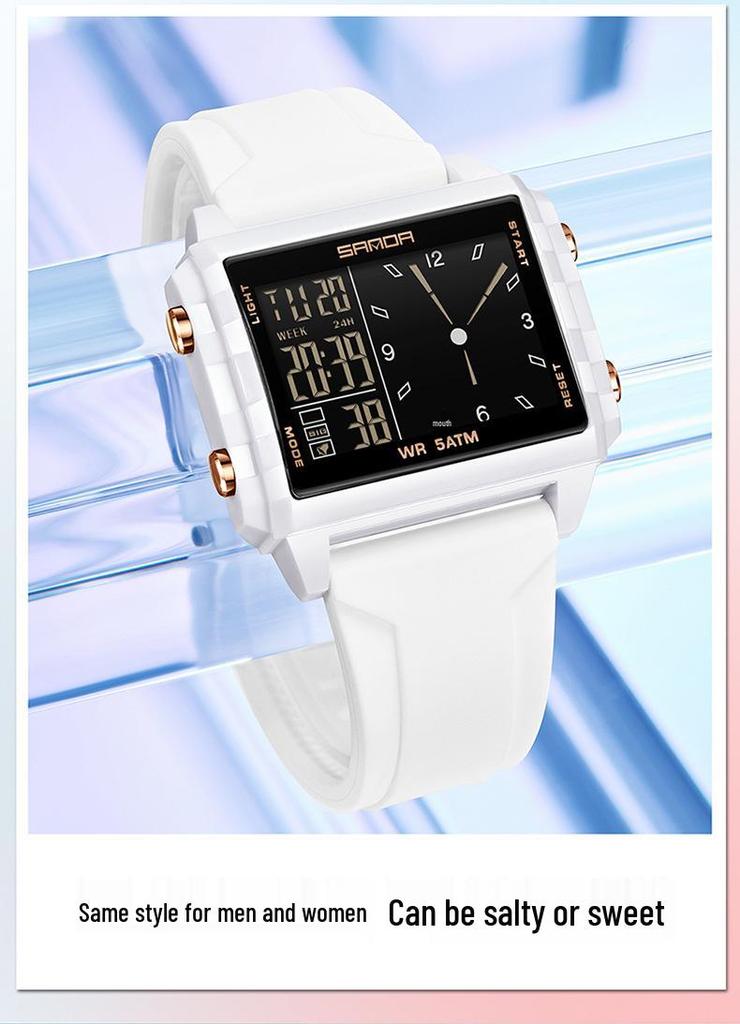 Sanda Men's & Women's Fashionable Dual Time Large Square Dial Luminous Waterproof Watch