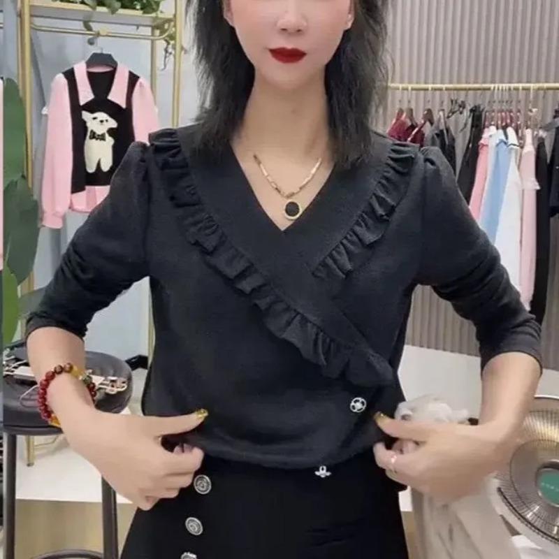 French V-neck Ruffle Design Long-sleeved T-shirt for Women Spring and Autumn New Fashion Irregular High-end Top