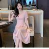 New Elegant Pleated Mid Length Dress Square Neckline with Puff Sleeves A Line Dress Waist Cinching Flowing Casual Dress Suitable for Workplace Office