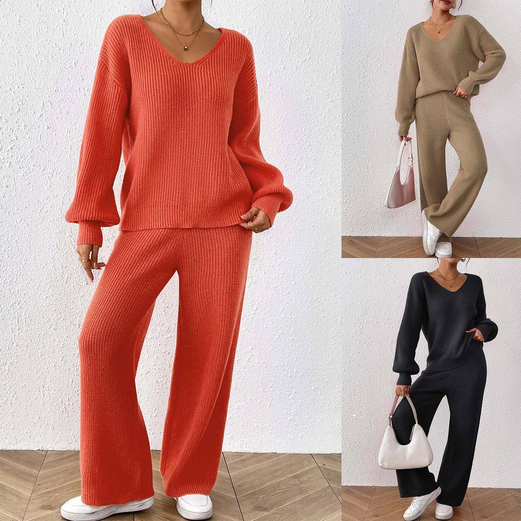 Women's  Casual Fashion Woolen Knitting Set V-Neck Loose Top + Solid Color Wide Leg Straight Pants Sweater Two Piece Set