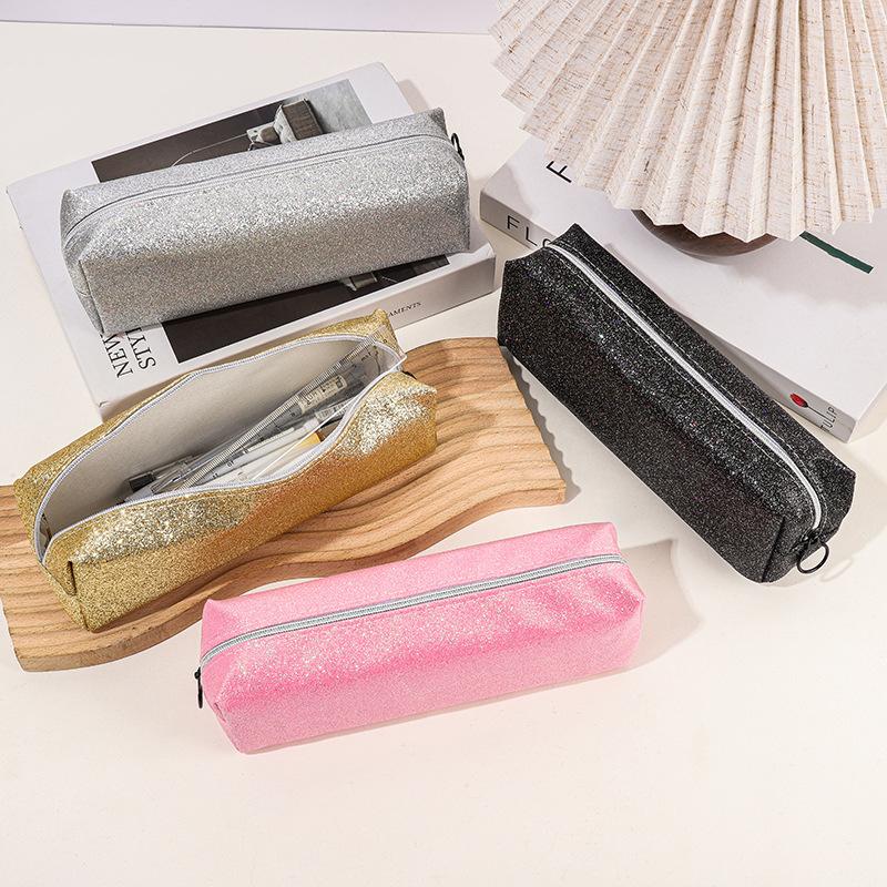 Large Capacity Glitter PU Pencil Case Water Resistant Student School Stationery Organizer
