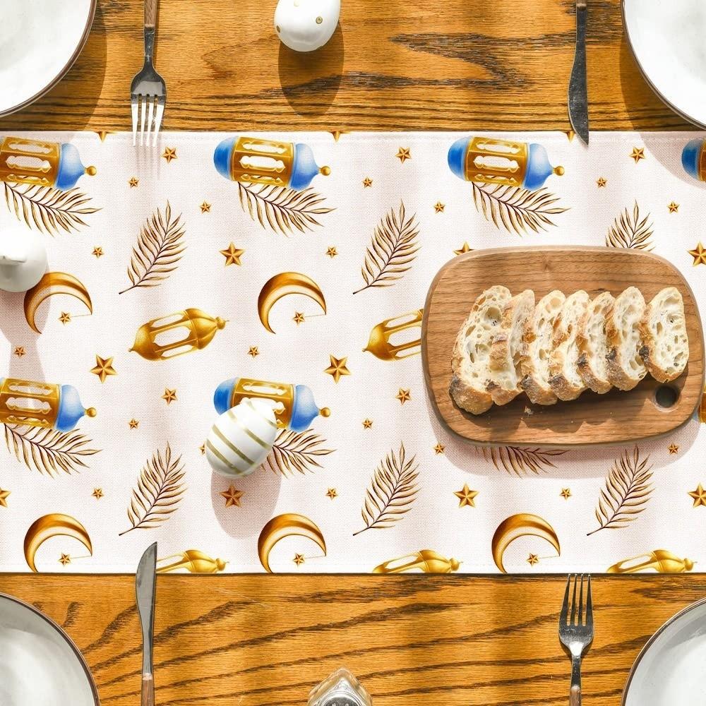 Vintage Moon Star Table Runner Washable Eid Mubarak Table Runner Dinner Table Cloth  Kitchen