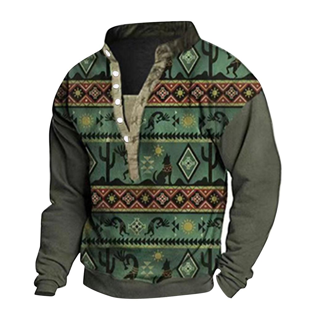 Pullover mit V-Ausschnitt für Herren, 3D-Digitaldruck, Stehkragen, 6 Knöpfe, Vintage-Kragen