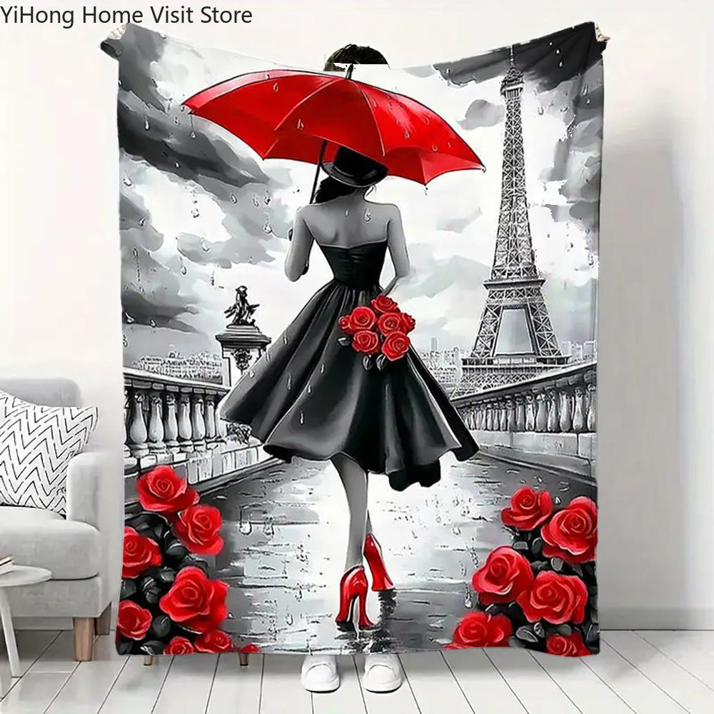 Woman Portrait Flower Tower Printed Blanket Picnic Blankets Warm Blanket Soft and Comfortable Blanket Home Travel Birthday Gift